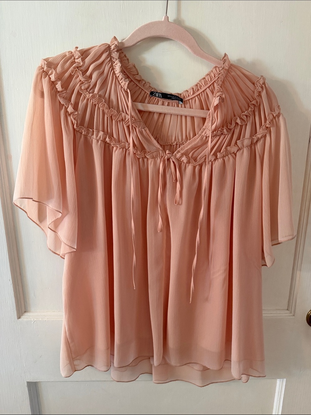 Zara Blush Pink Ruffle Tie-Front Chiffon Blouse